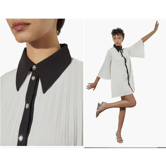 NEW Ming Wang Mini Pleated Shift Dress Contrast Trim Crepe de Chine, White Large - Picture 1 of 4